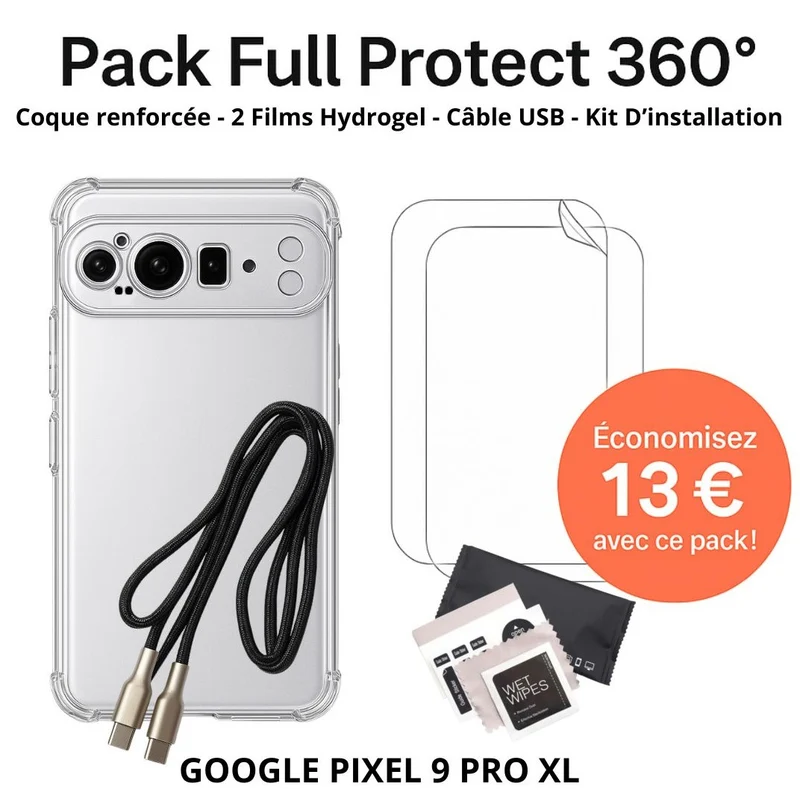 Pack Full Protect 360° – Google Pixel 9 Pro XL (Coque Renforcée + 2 Films Hydrogel + Câble + Kit d'Installation)