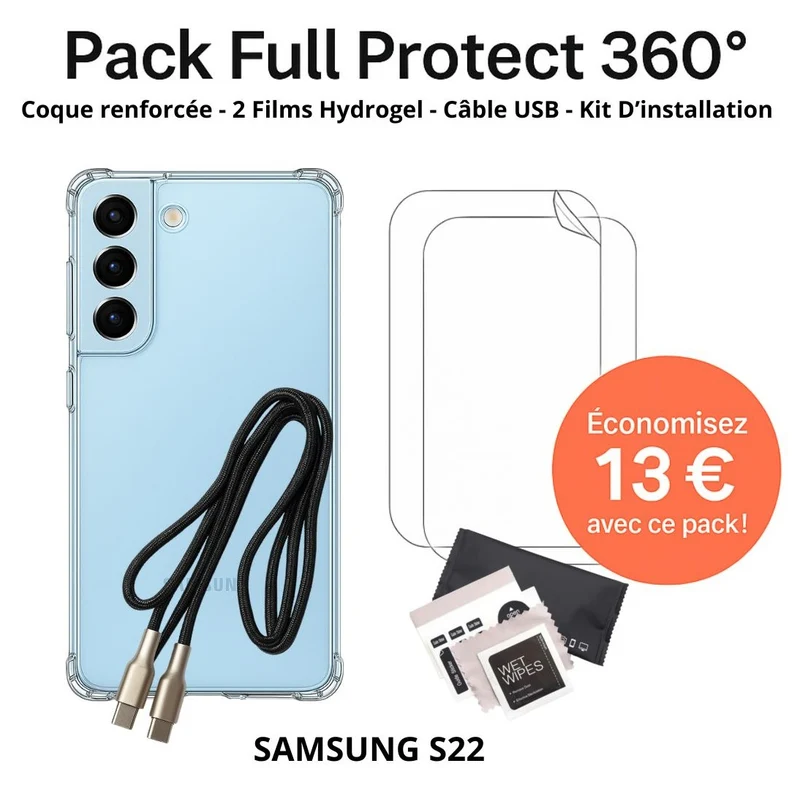 Pack Full Protect 360° – Samsung S22 (Coque Renforcée + 2 Films Hydrogel + Câble + Kit d'Installation)
