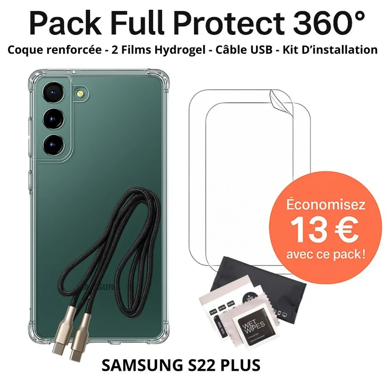 Pack Full Protect 360° –Samsung S22 Plus (Coque Renforcée + 2 Films Hydrogel + Câble + Kit d'Installation)