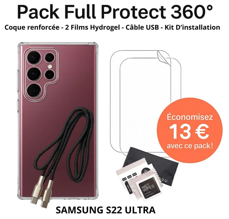 Pack Full Protect 360° – Samsung S22 Ultra (Coque Renforcée + 2 Films Hydrogel + Câble + Kit d'Installation)