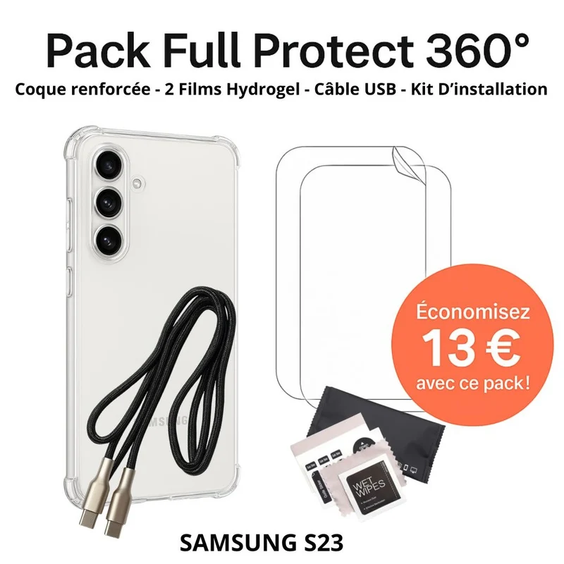 Pack Full Protect 360° – Samsung S23 (Coque Renforcée + 2 Films Hydrogel + Câble + Kit d'Installation)