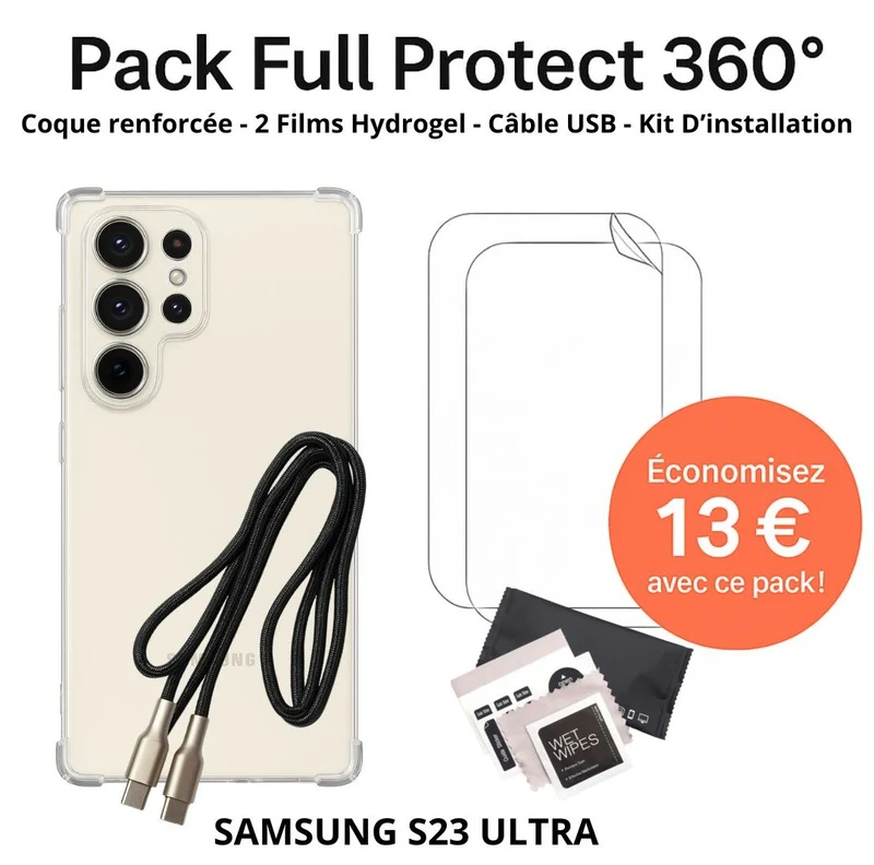 Pack Full Protect 360° – Samsung S23 Ultra (Coque Renforcée + 2 Films Hydrogel + Câble + Kit d'Installation)