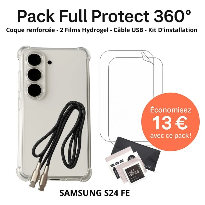 Pack Full Protect 360° – Samsung S24 FE (Coque Renforcée + 2 Films Hydrogel + Câble + Kit d'Installation)