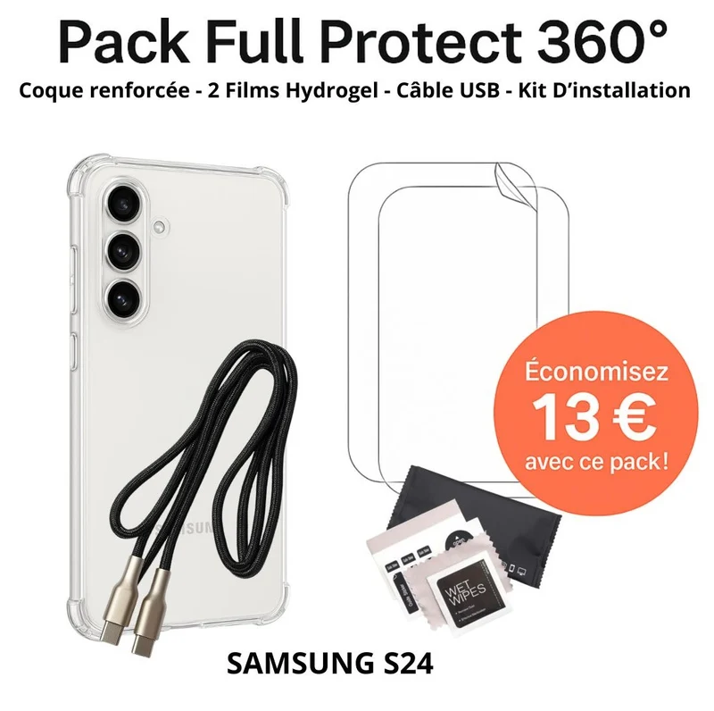 Pack Full Protect 360° – Samsung S24 (Coque Renforcée + 2 Films Hydrogel + Câble + Kit d'Installation)