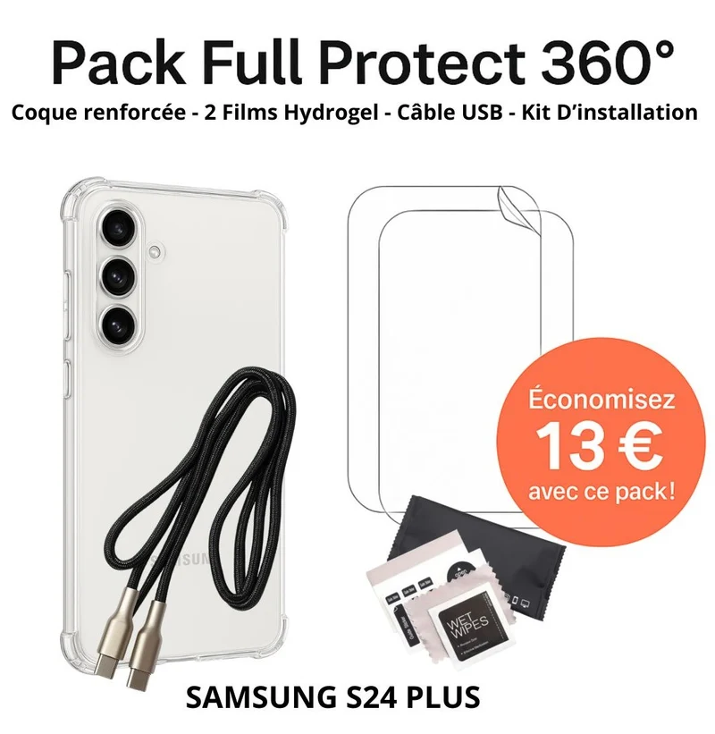 Pack Full Protect 360° – Samsung S24 Plus (Coque Renforcée + 2 Films Hydrogel + Câble + Kit d'Installation)