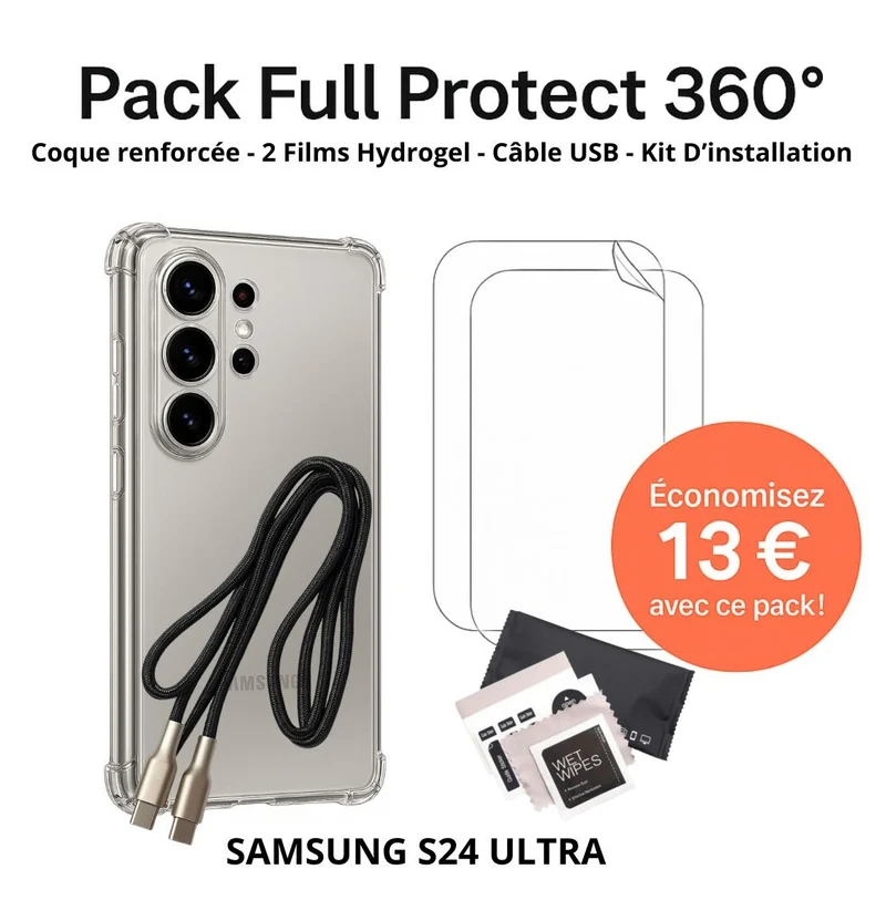 Pack Full Protect 360° – Samsung S24 Ultra (Coque Renforcée + 2 Films Hydrogel + Câble + Kit d'Installation)