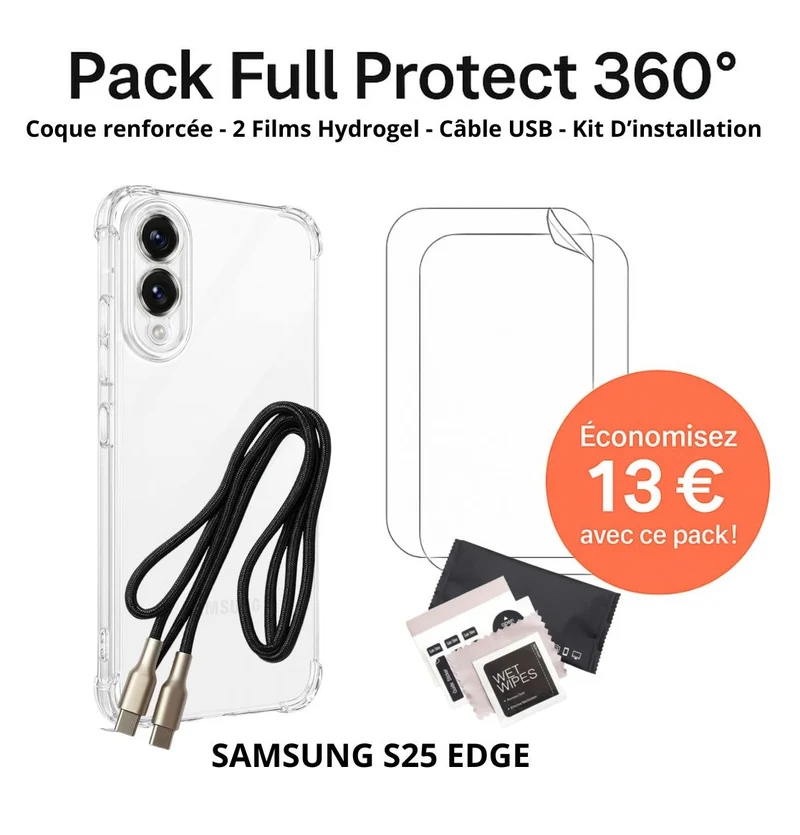 Pack Full Protect 360° – Samsung S25 Edge (Coque Renforcée + 2 Films Hydrogel + Câble + Kit d'Installation)