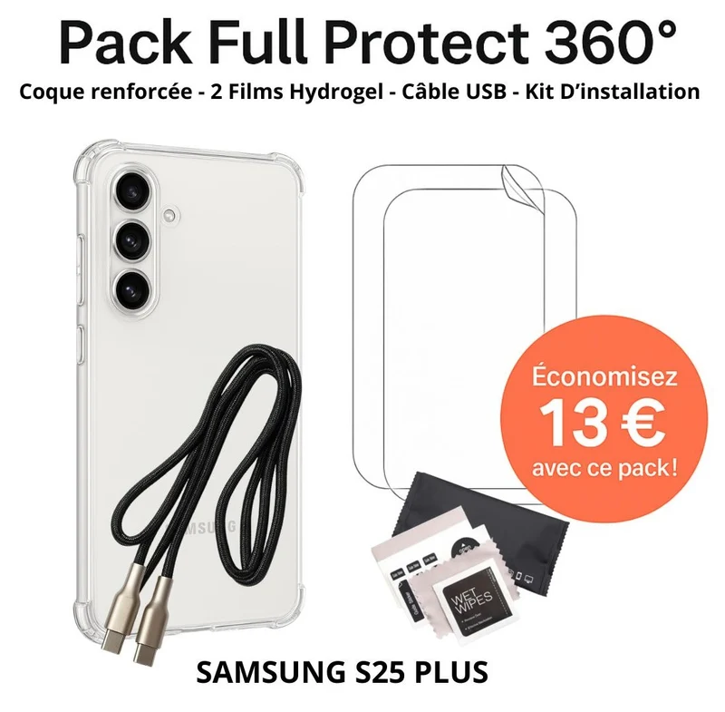 Pack Full Protect 360° – Samsung S25 Plus (Coque Renforcée + 2 Films Hydrogel + Câble + Kit d'Installation)