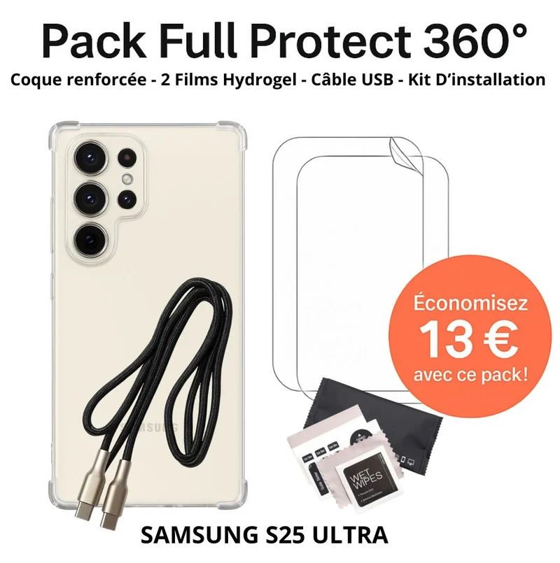 Pack Full Protect 360° – Samsung S25 Ultra (Coque Renforcée + 2 Films Hydrogel + Câble + Kit d'Installation)