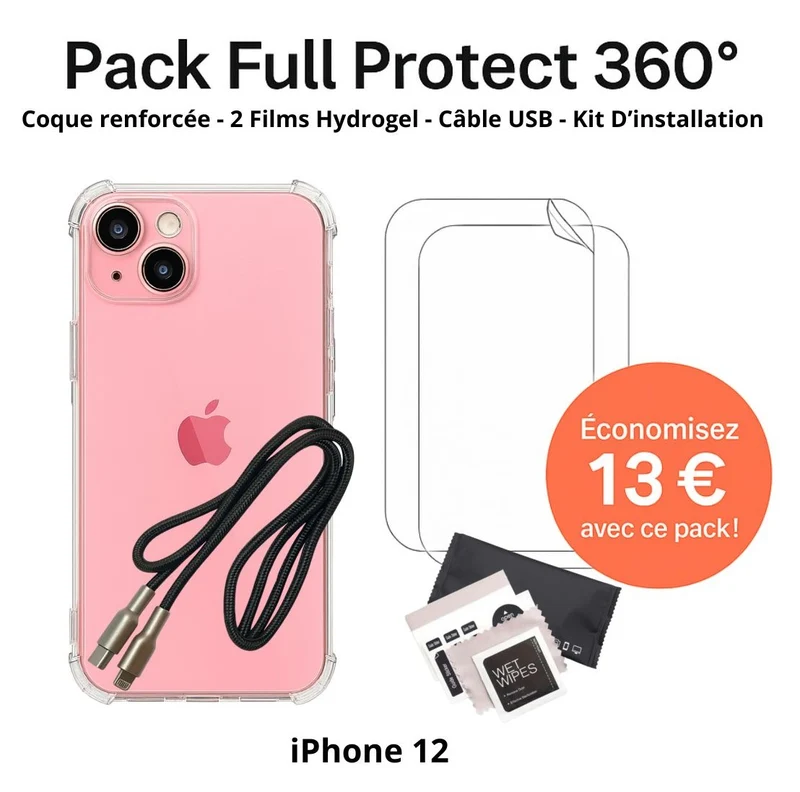 Pack Full Protect 360° – iPhone 12 (Coque Renforcée + 2 Films Hydrogel + Câble + Kit d'Installation)