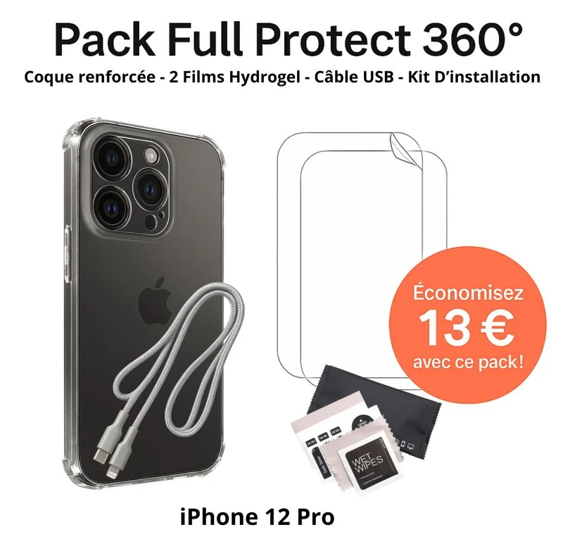 Pack Full Protect 360° – iPhone 12 Pro (Coque Renforcée + 2 Films Hydrogel + Câble + Kit d'Installation)