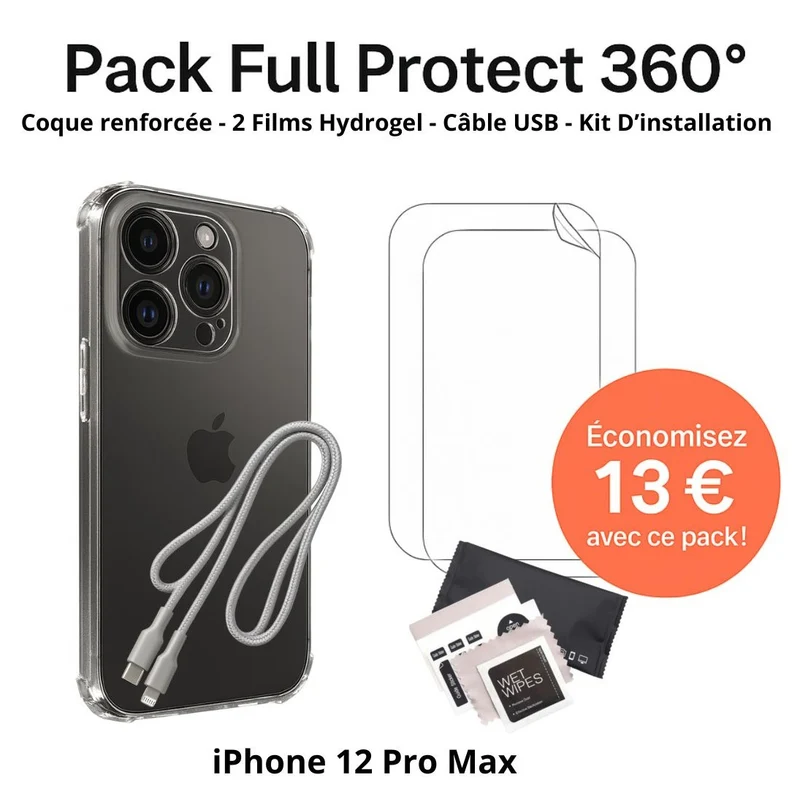 Pack Full Protect 360° – iPhone 12 Pro Max (Coque Renforcée + 2 Films Hydrogel + Câble + Kit d'Installation)