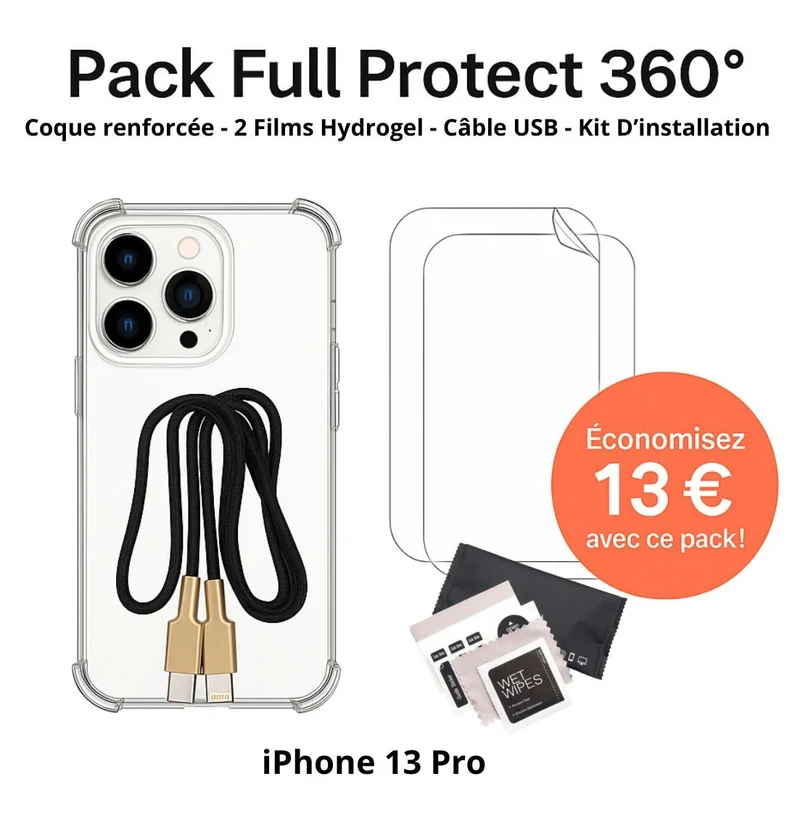 Pack Full Protect 360° – iPhone 13 Pro (Coque Renforcée + 2 Films Hydrogel + Câble + Kit d'Installation)