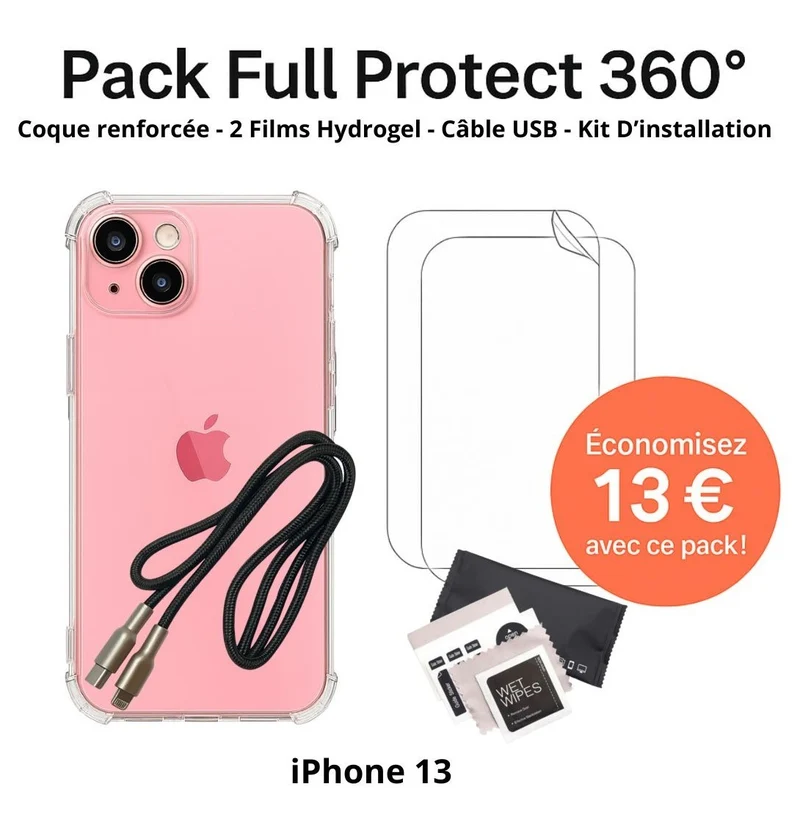Pack Full Protect 360° – iPhone 13 (Coque Renforcée + 2 Films Hydrogel + Câble + Kit d'Installation)