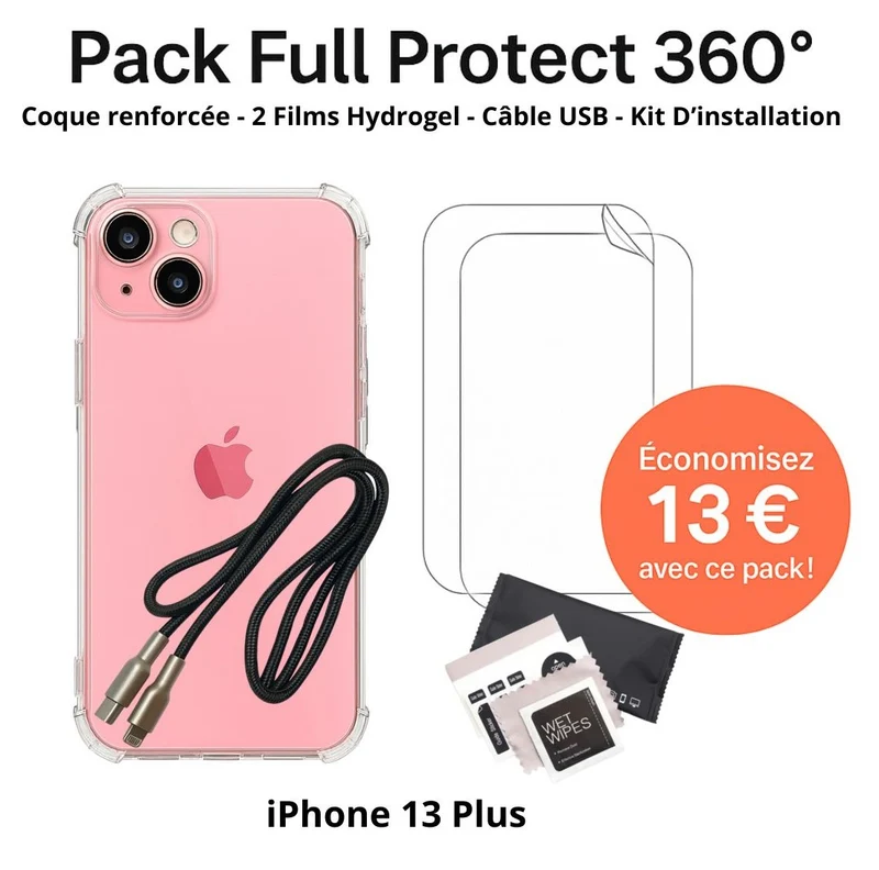 Pack Full Protect 360° – iPhone 13 Plus (Coque Renforcée + 2 Films Hydrogel + Câble + Kit d'Installation)