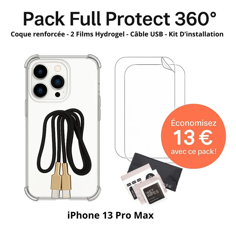 Pack Full Protect 360° – iPhone 13 Pro Max (Coque Renforcée + 2 Films Hydrogel + Câble + Kit d'Installation)