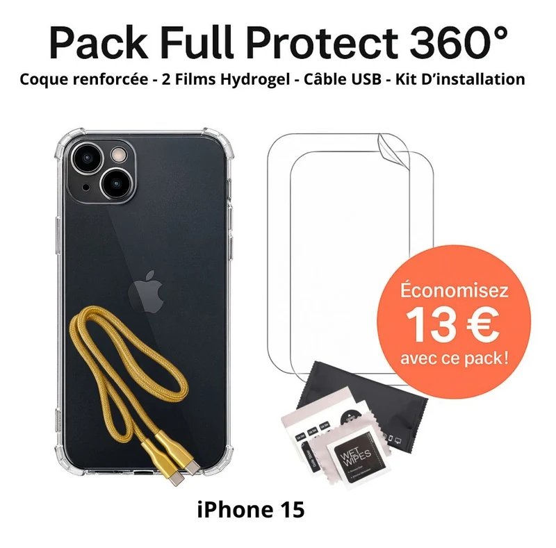 Pack Full Protect 360° – iPhone 15 (Coque Renforcée + 2 Films Hydrogel + Câble + Kit d'Installation)