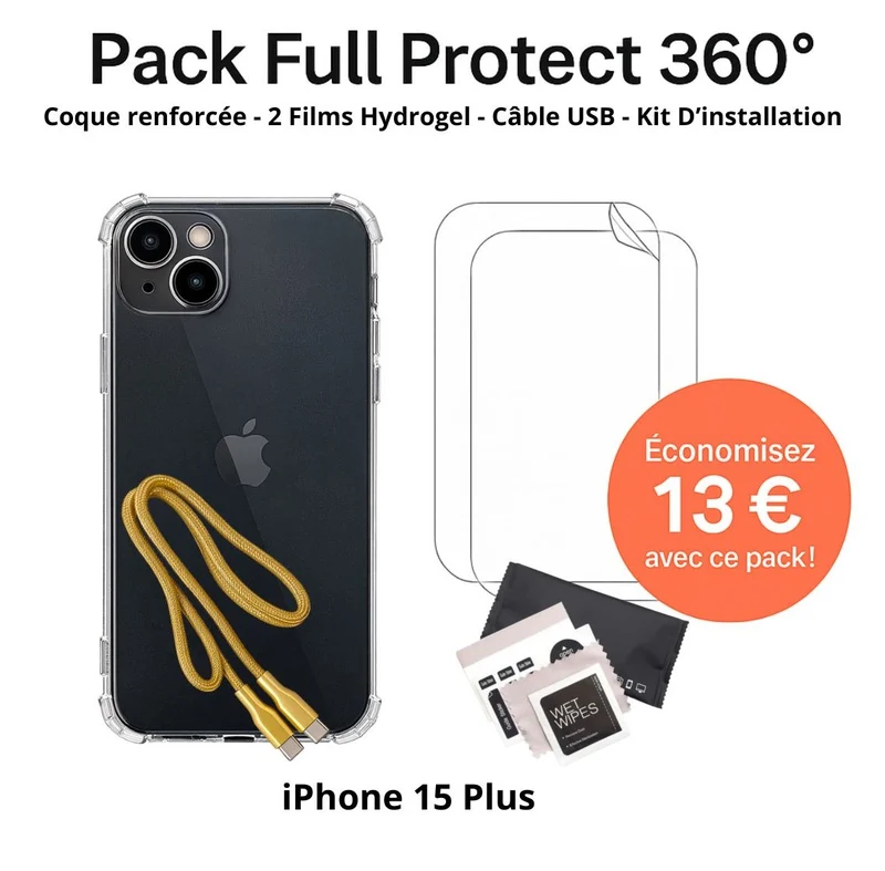 Pack Full Protect 360° – iPhone 15 Plus (Coque Renforcée + 2 Films Hydrogel + Câble + Kit d'Installation)