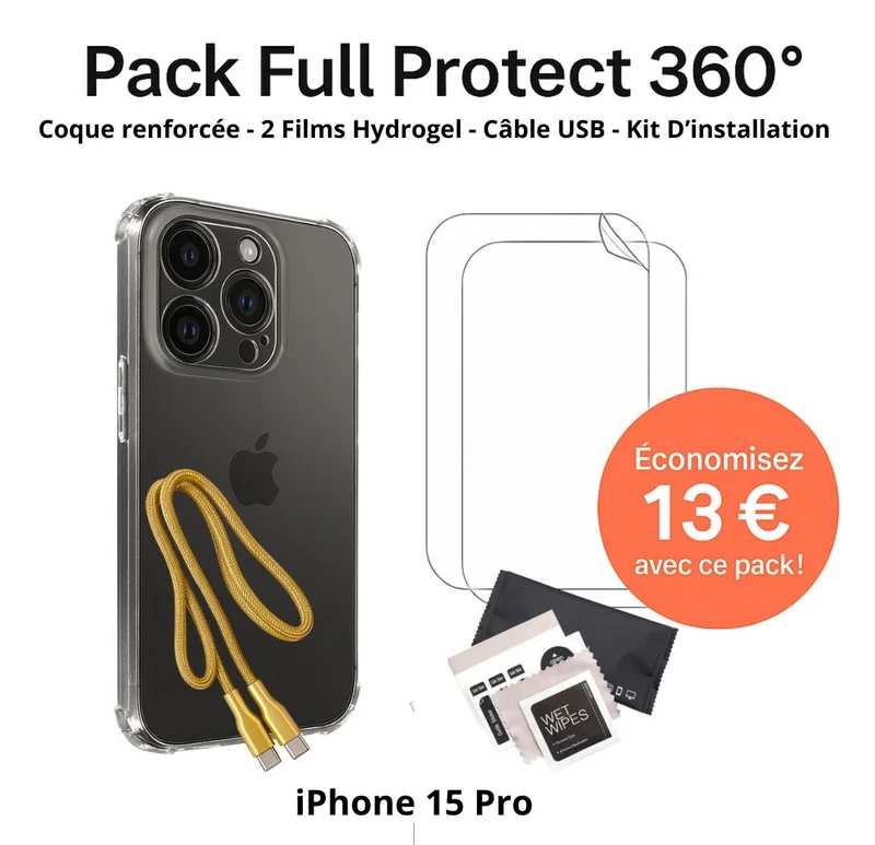 Pack Full Protect 360° – iPhone 15 Pro (Coque Renforcée + 2 Films Hydrogel + Câble + Kit d'Installation)