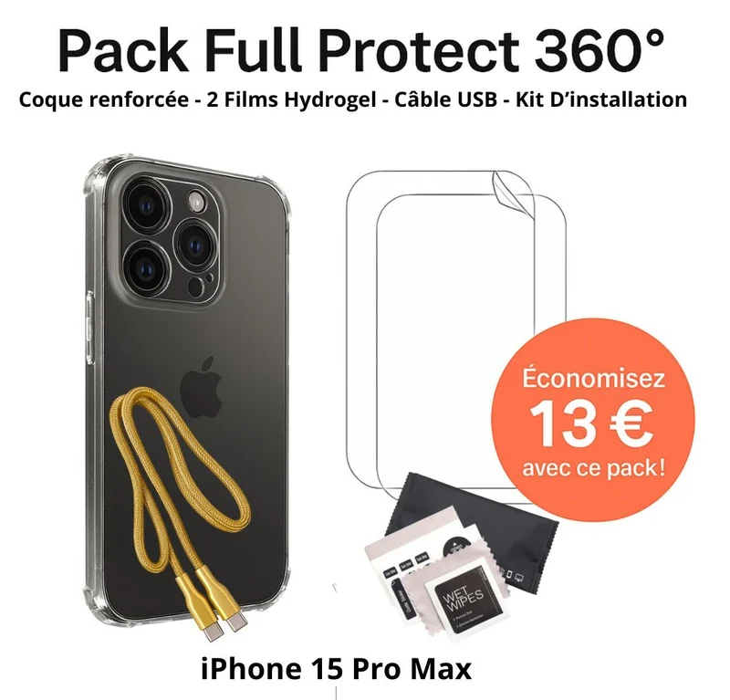 Pack Full Protect 360° – iPhone 15 Pro Max (Coque Renforcée + 2 Films Hydrogel + Câble + Kit d'Installation)