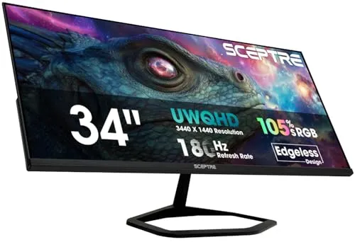 New! Sceptre 34-inch Prime Gaming Monitor 3440 x 1440 up to 180Hz DisplayPort HDMI Build-in Speakers, Machine Black 2027 (E345B-QU180D Series)