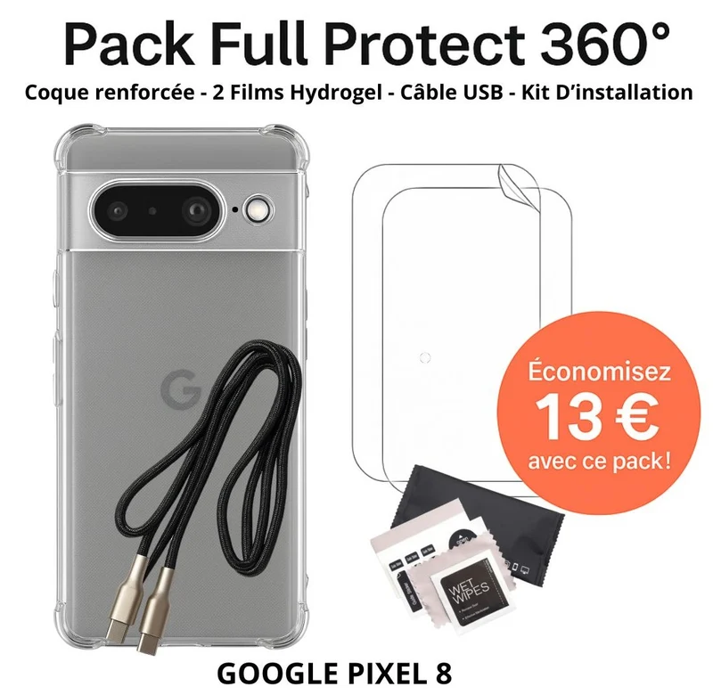 Pack Full Protect 360° – Google Pixel 8 (Coque Renforcée + 2 Films Hydrogel + Câble + Kit d'Installation)