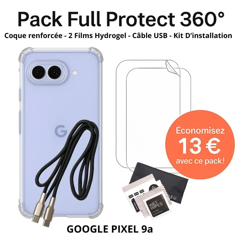 Pack Full Protect 360° – Google Pixel 9a (Coque Renforcée + 2 Films Hydrogel + Câble + Kit d'Installation)