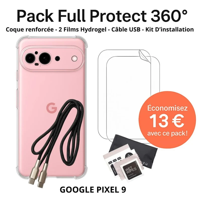 Pack Full Protect 360° – Google Pixel 9 (Coque Renforcée + 2 Films Hydrogel + Câble + Kit d'Installation)
