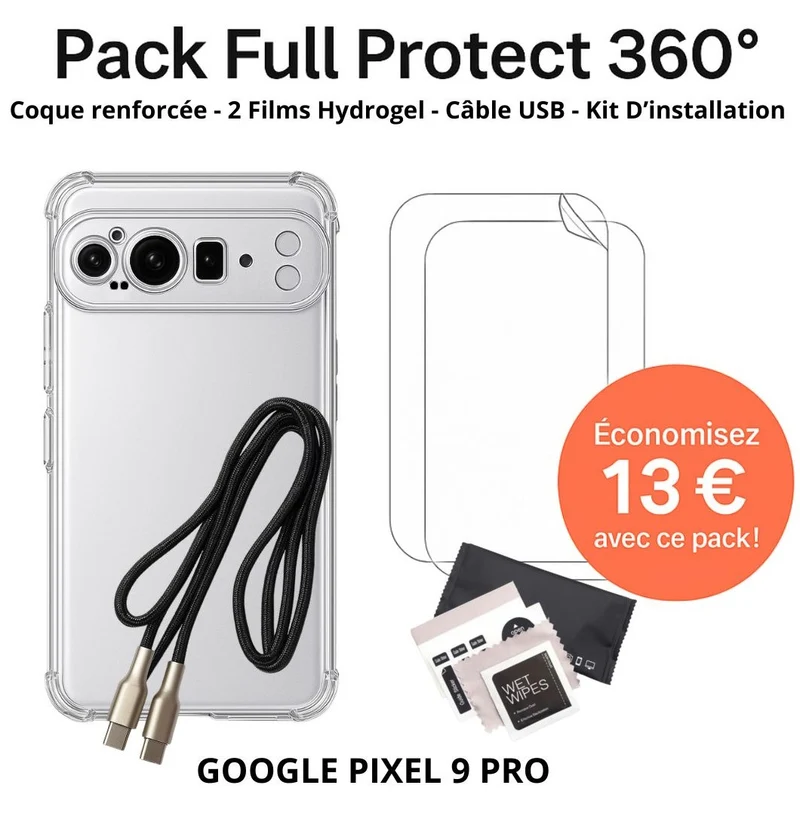Pack Full Protect 360° – Google Pixel 9 Pro (Coque Renforcée + 2 Films Hydrogel + Câble + Kit d'Installation)
