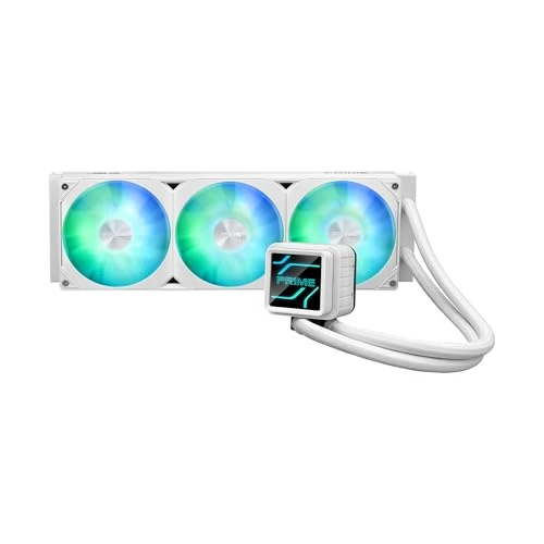 ASUS Prime LC 360 ARGB White Edition all-in-one CPU liquid cooler with special CPU contact area, water block with infinity mirror lens options, pre-installed ARGB fans & Aura lighting, 6 Year Warranty