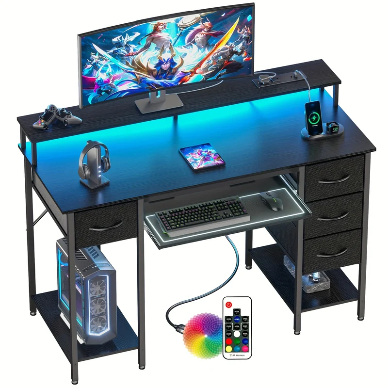 Gaming Desk LED with Drawers and Outlets - Monitor Holder Keyboard Home
