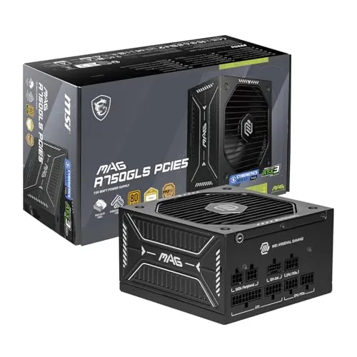 MSI MAG A750GLS PCIE5, Fully Modular Compact Gaming 750W Power Supply, 80+ Gold, ATX 3.1 & PCIe 5.1 Ready, Native Dual-Color 12V-2x6 Cable, Low-Noise, Embossed Jacket Cables, 10 Year Warranty