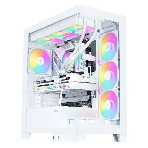 SAMA V50 Mid Tower Gaming PC Case with Dual Tempered Glass, 4×ARGB PWM Fans, High Airflow Chassis with 360mm Radiator Support, USB-C Port, Easy Cable Management – White