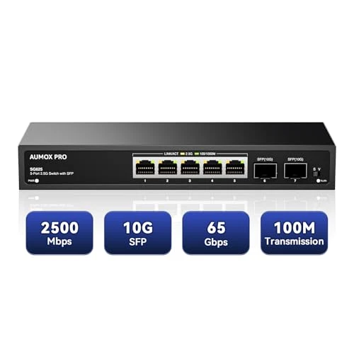 7 Port 2.5Gb Unmanaged Ethernet Switch with 5* 2.5G Base-T Ports, 2*10G SFP Ports, AUMOX PRO 65 Gbps Vlan Switching Capacity Compatible with 100/1000/2500Mbps Plug and Play