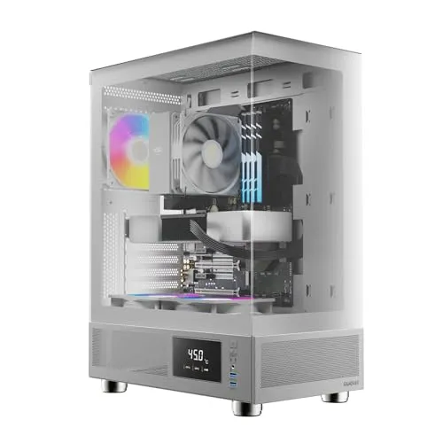 GAMDIAS White ATX Mid Tower Computer Case with Tempered Glass, Gaming PC Case w/Temperature Display & 3X 120mm ARGB Fans, Support Up to 5X Fans, 240mm AIO/Radiator, 340mm GPU/VGA, 160mm CPU Cooler