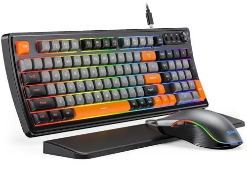 SABLUTE Gaming Keyboard and Mouse, Quiet Membrane Keyboard with RGB Backlit Mechanical Feel, PC Gaming Keyboards Multimedia Knob, Anti-Ghosting, Ergonomic Wrist Rest & 3200 DPI Mouse for Gamer/Office