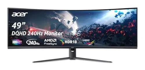 Acer Nitro 49” Gaming Monitor | UltraWide DQHD 5120 x 1440 | 1000R 32:9 Curved | AMD FreeSync | 240Hz Refresh Rate | 3ms (G to G) | 1 x Display Port 1.4 & 2 x HDMI 2.0 Ports | EI491CUR W3biiphx