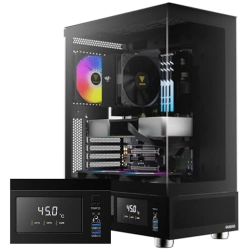 GAMDIAS ATX Mid Tower Computer Case with Tempered Glass, Gaming PC Case w/Temperature Display LCD & 3X 120mm ARGB Fans, Support Up to 5X Fans, 240mm AIO/Radiator, 340mm GPU/VGA, 160mm CPU Air Cooler