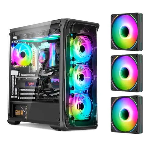 SEGOTEP LUX 360 - EATX/ATX Gaming Desktop Case with 3D Ring Design Panel - Compatible with 240mm/280mm/360mm AIO Liquid Cooler & Vertical GPU - Acrylic Panels - Three ARGB Fans Included - Black Color