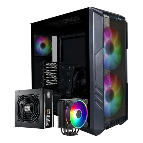 Cooler Master HAF 500 Pro Bundle – PC Case + PSU + CPU Cooler, High Airflow ATX Mid-Tower PC Case with Dual 200mm ARGB Fans + Hyper 212 Halo CPU Air Cooler + MWE 650W Gold Power Supply