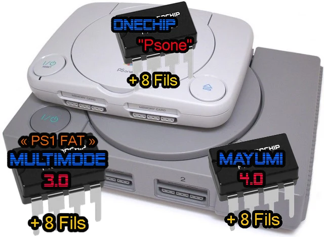 Playstation 1 - Puce « PS1 FAT Multimode 3.0 ou Mayumi 4.0 » / « PsOne OneChip » + 8 Fils