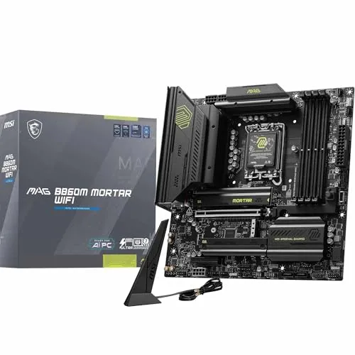 MSI MAG B860M Mortar WiFi Motherboard, mATX - Supports Intel Core Ultra Processors (Series 2), LGA 1851 - DDR5 Memory Boost 9200+ MT/s OC, 1 x PCIe 5.0 x16, 1 x M.2 Gen5, 5G LAN, Wi-Fi 7