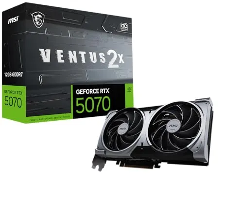 MSI Gaming RTX 5070 12G Ventus 2X OC Graphics Card (12GB GDDR7, 192-bit, Extreme Performance: 2557 MHz, DisplayPort x3 2.1a, HDMI 2.1b, NVIDIA Blackwell Architecture)