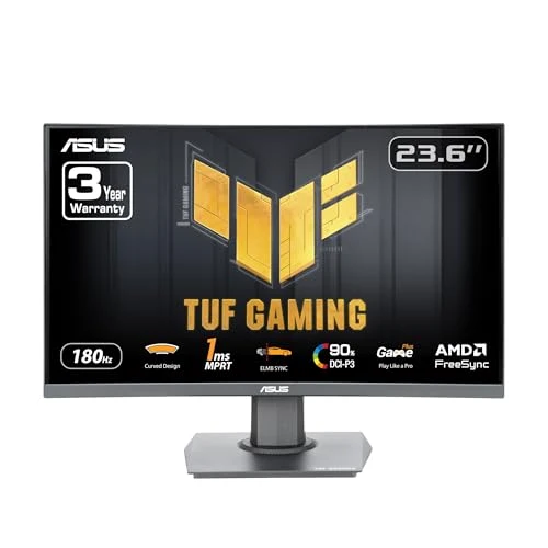 ASUS TUF Gaming 24” (23.6 inch viewable) Curved Monitor (VG24VQER) – FHD, 180Hz, 1ms, DCI-P3 90%, Extreme Low Motion Blur Sync, FreeSync, Shadow Boost, Eye Care, DisplayWidget Center, 3yr Warranty