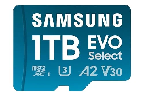SAMSUNG EVO Select microSDMemory Card + Adapter, 1TB microSDXC, Up-to 160 MB/s, 4K UHD, UHS-I, C10, U3, V30, A2, for Mobile Phone, Smartphones, Nintendo-Switch, and Tablets (MB-ME1T0SA/AM)