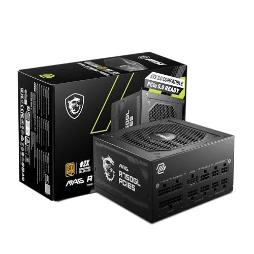 MSI MAG A750GL PCIE 5 & ATX 3.0 Gaming Power Supply - Full Modular - 80 Plus Gold Certified 750W - Compact Size - ATX PSU - 10 Year Warranty