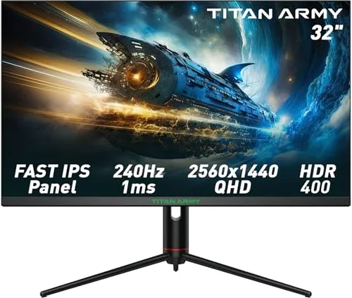 TITAN ARMY 32 Inch 240Hz 1440p Gaming Monitor,QHD 2560 x 1440p Fast IPS 1msGTG,HDR400 97% DCI-P3 Adaptive-Sync,Low Blue Light,Aadjustable Stand，2 x HDMI 2.1,2 x DP 1.4 P32A2S2