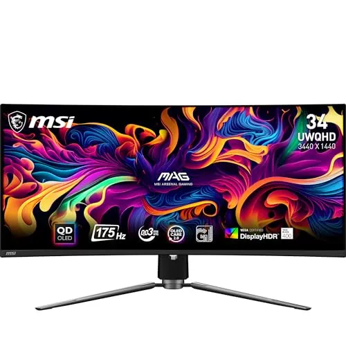MSI MAG341CQP QD-OLED, 34 Curved OLED Gaming Monitor, 3440 x 1440 (UWQHD), OLED 0.03ms Response time, 175Hz, True Black HDR 400, HDMI, DP Port, USB Type C, Tilt, Height,Black
