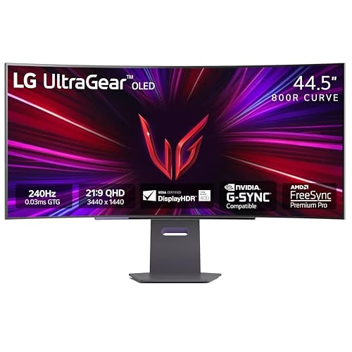 LG 45GS95QE 45-inch Ultragear OLED Curved Gaming Monitor WQHD 800R 240Hz 0.03ms DisplayHDR True Black 400 AMD FreeSync Premium Pro NVIDIA G-Sync HDMI 2.1 DisplayPort Tilt/Height/Swivel Stand Black