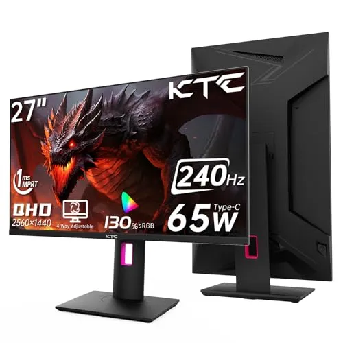 KTC 27'' 240Hz QHD 1440P Gaming Monitor 144Hz 1ms 65W Type C USB DisplayPort HDMI HDR400 Tilt/Height/Pivot/Swivel Fast HVA AdaptiveSync VESA